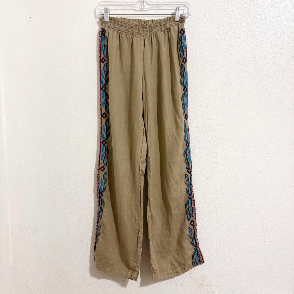Johnny Was Los Angeles JWLA Izamal Embroidered Side Slit Wide Leg Linen Pant Tan